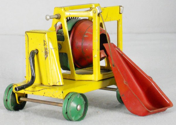 BUDDY L 32 CONCRETE MIXER: painted pressed steel, 8 1/2" long, missing treads, minor decal wear, C5-6.