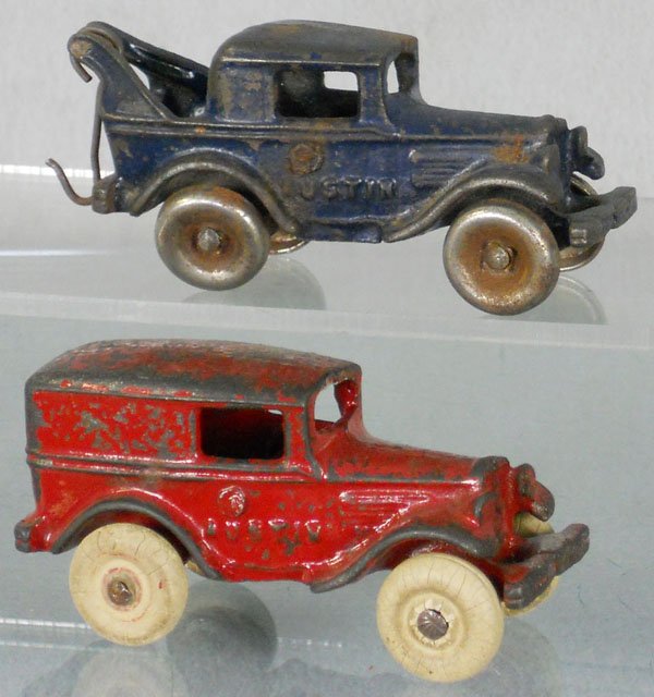 2 ARCADE AUSTINS: painted cast iron, Wrecker, 4" long, Panel Delivery, 3 1/2" long, C4-5.
