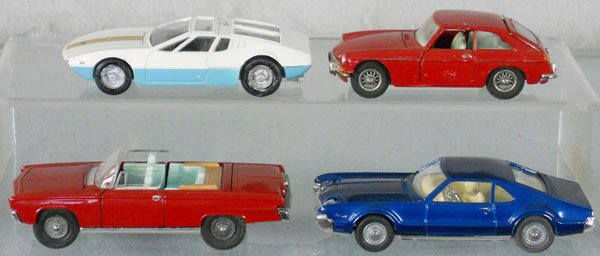 4 CORGI AUTOS: 271 Mangusta de Tomaso, decal has chip, oxidation on hub caps, antenna broken, 327 MGB GT, 264 Olds Toronado, 246 Chrysler Imperial, missing driver, 264 is C9, rest C7.