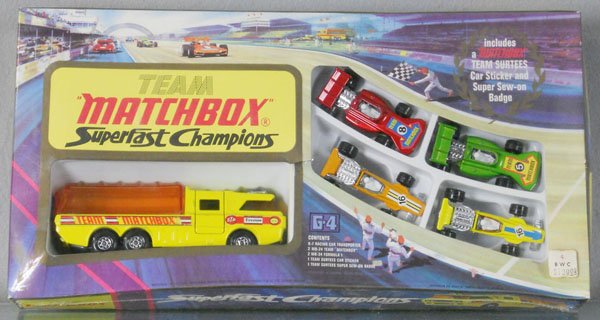 TEAM MATCHBOX SUPERFAST CHAMPIONS G4D GIFT SET: 1973, contains MB24B in red & green, MB34A in yellow & orange, orig box factory sealed w/shrinkwrap, C10.
