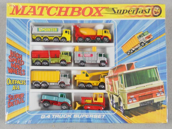 MATCHBOX SUPERFAST G-4C TRUCK SUPERSET: 1970, contains MB11A, 16D, MB21A, MB47A, MB49A, MB51A, MB58A, MB63A, orig box factory sealed in shrinkwrap, wrap torn in back but set still unopened, C10.
