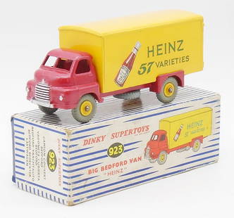 DINKY 923 BIG BEDFORD HEINZ VAN: red & yellow, w/catsup bottle decal, orig box minor wear, C9.