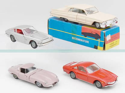 4 POLITOY FIBERGLASS AUTOS: 119 Maserati Coupe, 69 Cadillac Sedan, orig box worn, 89 Jaguar E Type, 85 Ferrari 250GT LVSS0, C8-9.