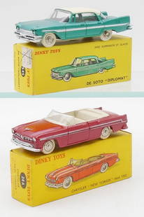 2 FRENCH DINKY VEHICLES: 545 DeSoto Diplomat, green & white, 24A Chrysler New Yorker, red, orig boxes, C7-8.