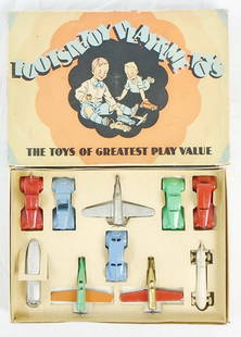 TOOTSIETOY 5150 PLAYTIME TOYS: contains 113 Wrecker, red, 116 Roadster, blue, 119 US Army Plane, silver, 112 Coupe, green, 111 Sedan, red, 117 Zephyr Rail Car, silver, 118 DeSoto Airflow, blue, 4666 Racer, white, 2 #106 Low Wing Ai