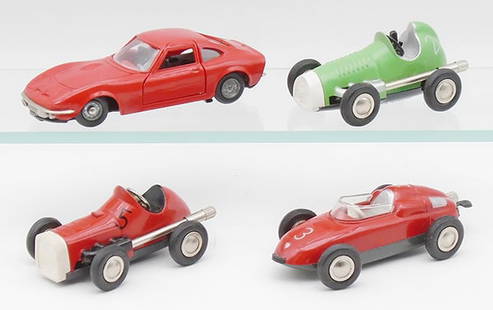 4 SCHUCO MICRO RACERS: 1048 Opel GT, 1042 Midget Racer, 1041 Midget Racer, 1037 Porsche, all are windups, working, orig issues, C8-9.