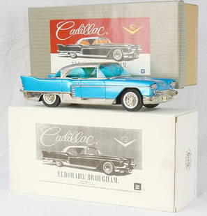 MARUSAN CADILLAC ELDORADO: 1957-58 Cadillac Eldorado Brougham, litho tin, 94 Bahama blue metallic, 14 1/2", friction working, orig box, insert & shipping box, C9.