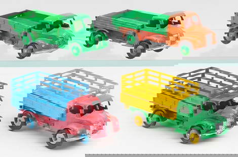 4 DINKY DODGE TRUCKS: 2 #414 Tippers, 2 #343 Produce Wagons, C6-8.