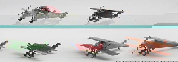 5 TOOTSIETOY AIRPLANES: 719 Crusader, silver & red, 107 High Wing, silver & black, 4660 Aerodawn, green, repaired wheel strut, restored, 106 Low Wing, red & green, 4675 BiPlane, orange, restored, C6-9.