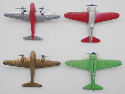 4 TOOTSIETOY AIRPLANES: 2 #125 Lockheed Elektras, silver & red, copper, 2 #119 Army Planes, silver & red, green, all propellers intact, C6-9.
