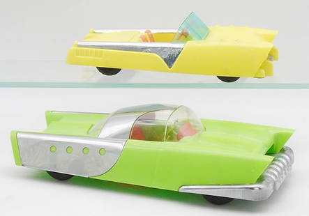 2 MATTEL 1950'S DREAM CARS: plastic, friction working, yellow is 8 1/2", green is 10", C8-9.