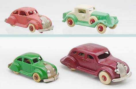 4 HUBLEY & ARCADE VEHICLES: painted cast iron, 2 Hubley Airflows, 4 1/2", Hubley 642 Coupe, 4 1/2", restored, Arcade Airflow, 6 1/4", restored, C6-9.
