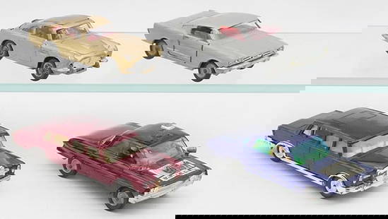 4 CORGI VEHICLES: 261 James Bond Aston Martin, rear shield does not work, 320 Mustang, 247 Mercedes, 497 Man from Uncle Car, working, C7.