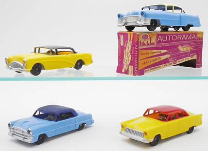 4 IDEAL AUTORAMA CARS: plastic, 6", metal chassis, battery operated electric headlights, Buick Coupe, yellow & black, Cadillac Sedan, lilac & cream, w/orig box, minor wear, Chrysler Convertible, 2-tone blue, Ford Sedan, yel
