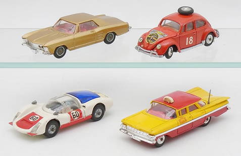 4 CORGI VEHICLES: 245 Buick, 256 Volkswagen Safari Car, 330 Porsche, 221 Impala Taxi, 1 tire flat, C7-8.