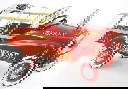 GEARBOX FIRE ENGINE PEDAL CAR: painted pressed steel, 40" x 16" x 22", this is a contemporary toy, complete, C9.