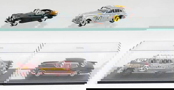 4 PROVENCE MOULAGE AUTOS: resin, 1/43 scale, Jaguar XK140, Jaguar MK VII Mexican Racer, 1953 Lincoln Cadillac Pan Am Racer, Facel Excellence "Ava Gardner", 2 are in plastic cases, C8-9. Box 7" x 4" X 4"