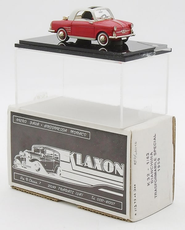 KLAXON K32 1959 BIANCHINA: resin, 1/43 scale, Bianchina Transformabile, #113 of 300, in plastic case, orig box & insert, C9. Box 6" x 3" x 3"