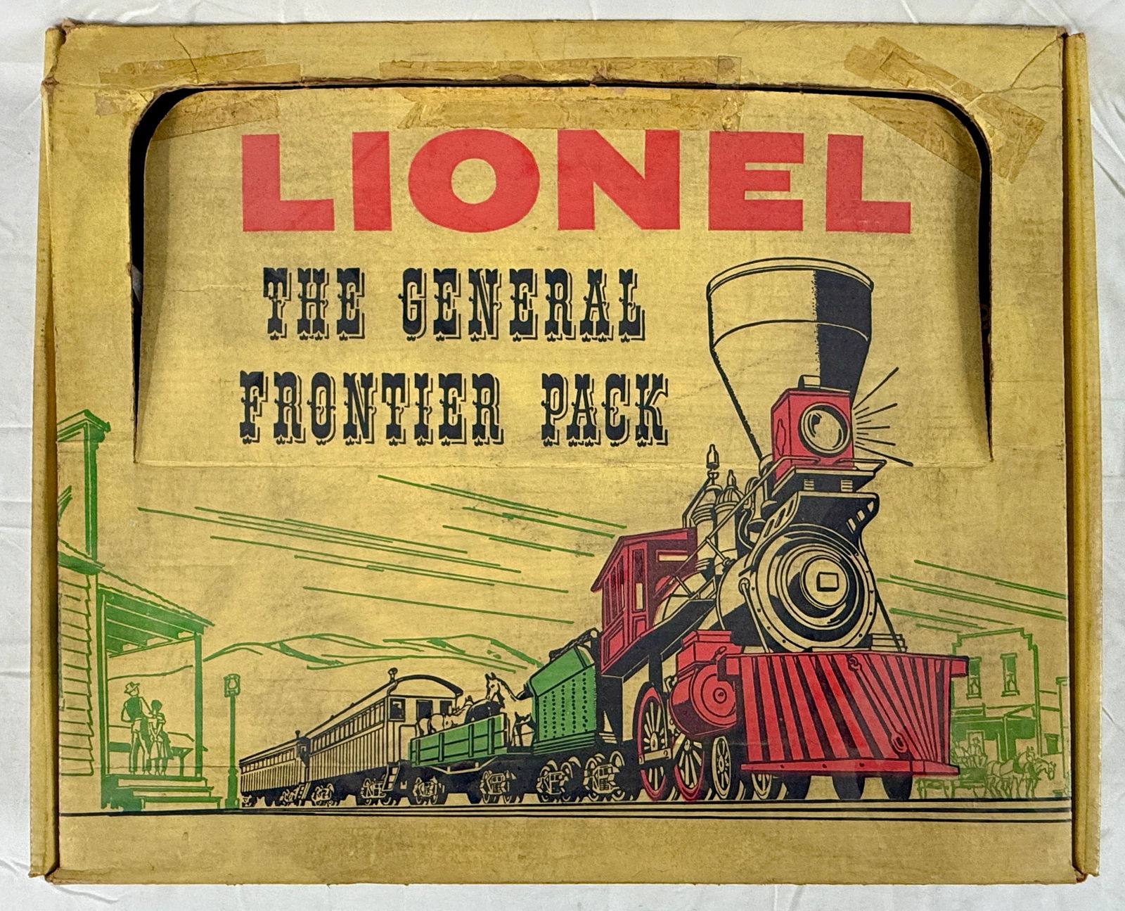 Lionel The General Frontier Pack Train Set No. 1800: A Lionel 'The General Frontier Pack' Train Set, No. 1800 O Gauge.The set is housed within its original cardboard box, distinctly labeled "LIONEL THE GENERAL FRONTIER PACK" and featuring a colorful, st