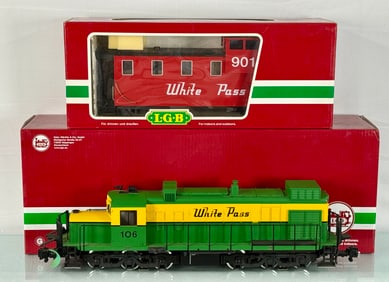 LGB G-Scale White Pass & Yukon Diesel Locomotive (25554) and Caboose (46710)
