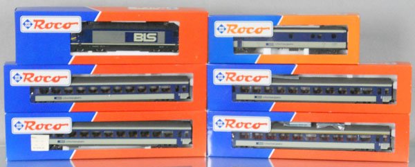 ROCO SWISS TRAIN SET: HO ga, 2-rail, 43656, 44474, 3 #44475, 44476, orig boxes minor wear, C9.