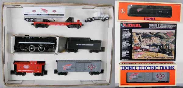 LIONEL 11820 RED WING SHOES SET & DISPLAY: O ga, 8362 loco & tender w/cars, 16264 flat w/truck, 52137, 16264, w/cardboard table topper display base, 4 cardboard buildings, orig boxes, set box & inserts, C8-9.