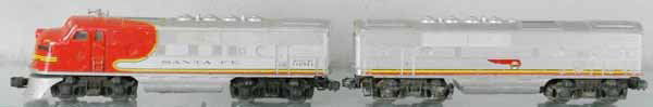 LIONEL 2343 SANTA FE AB: O ga, 2343 A unit, chipped nose decal, 2343C B unit, 2 steps broken, scuff & melt marks, C4.