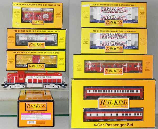MTH CIRCUS TRAIN SET: O ga, 30-2239-1 diesel loco, w/sound, 6940 4-car set, 7365 tank, 7118 stock, 6773 coach, 2 #76029 Husky Stack, 7755 caboose, orig boxes & inserts minor wear, C8-9.