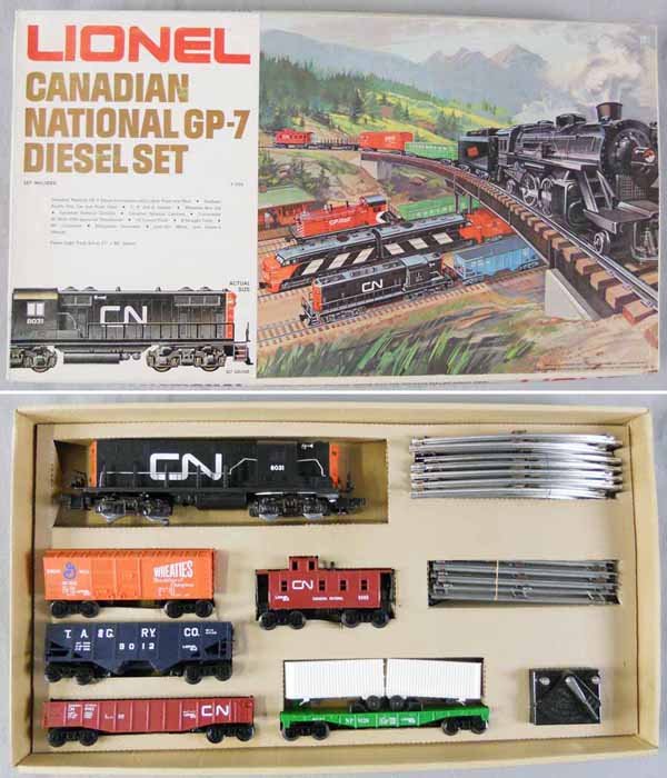 LIONEL 1174 CANADIAN NATIONAL TRAIN SET: O ga, 8031 diesel loco w/cars 9040, 9012, 9143, 9120, 9065, w/track & transformer, orig set box minor wear, C8-9.