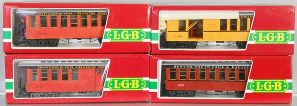 4 LGB PASSENGER CARS: G ga, 3080, 3081, doors & interior parts loose, 3180, 3081, orig boxes & inserts, C7-8. Property from The Strong, sold to benefit the museum's collection fund.