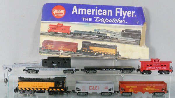 AMERICAN FLYER 20610 TRAIN SET: S ga, 812 T&P diesel loco, 3 steps broken, 24561 crane, 1 step broken, 24562 flat, 24216 hopper, 24636 caboose, 24221 hopper, 3 steps broken, w/remnant of 1 box, C4-5.