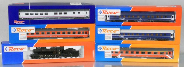ROCO TRAIN SET: HO ga, 2-rail, 43335 loco & tender w/cars 45783, 44847, 44843, 44660, 44639, orig boxes, C9.