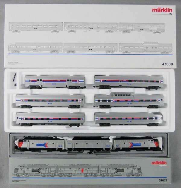 MARKLIN AMTRAK TRAIN SET: HO ga, 37621 ABA diesels, w/43600 streamline set, orig boxes & inserts, C9.