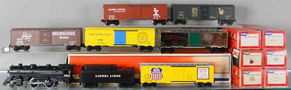 LIONEL & KMT TRAIN SET: O ga, Lionel 28652 loco & tender w/6 KMT freight cars, orig boxes & inserts, C8-9.