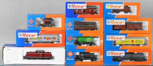 ROCO TRAIN SET: HO ga, 2-rail, 43644 diesel w/cars 46168, 46191, 46397, 46408, 46043, 4337, 4397A, 4336D, 46274, 46128, orig boxes & inserts, C9.