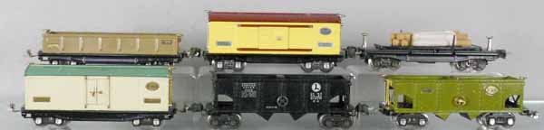 6 LIONEL FREIGHT CARS: O ga, 2814 box car, 814 reefer, 3811 lumber car, 812 gondola, 816 hopper, 2816 hopper, C5-6.