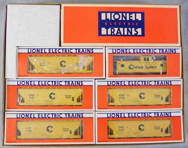 LIONEL 11705 CHESSIE SYSTEM TRAIN SET: O ga, 18201 loco w/cars 17100, 17101, 17102, 17103, 17104, 19700, orig boxes, set box & inserts, C9.