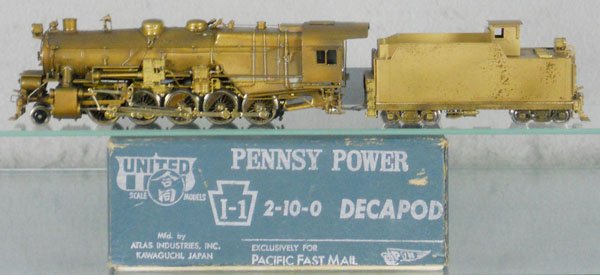 UNITED PRR DECAPOD LOCO & TENDER: HO ga, 2-rail, unpainted brass, some tarnishing, orig box & insert minor wear, C6.