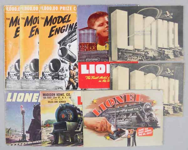 LIONEL CATALOGS: 2 1938 black & white catalogs, 1947 catalog, spined taped, 1948, 1946, 1940, tape on cover, 3 1936 Model Engineers #1, 1 taped, C5-7.