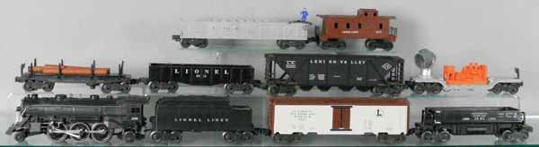 LIONEL TRAIN SET: O ga, 224 loco, both headlight jewels missing & cases dented, 6466WX tender, 3662 milk car, 3469 dump, 6436 hopper, 3520 searchlight generator, 6012 gondola, 3451 lumber dump, 3562-25 barrel car, some