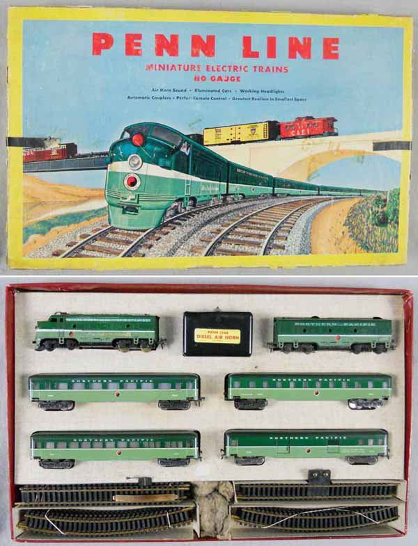 PENN LINE 5506 NORTHERN PACIFIC TRAIN SET: HO ga, 2-rail, Penn Line AB diesels w/4 Fleischmann coaches & track, orig box & inserts worn, C8.