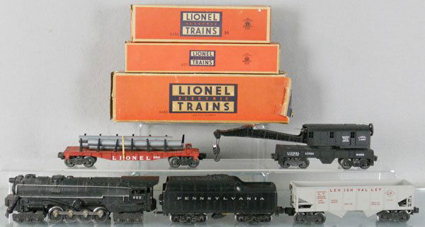 LIONEL TRAIN SET: O ga, 682 turbine loco, missing extra side rods, white stripe worn, 2671W tender, 6456 hopper, 6511 pipe car, 6460 crane, w/3 rough orig boxes only, C5-7.