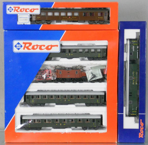 ROCO SWISS TRAIN SET: HO ga, 2-rail, 43023, 45595, 448875, orig boxes & inserts, C9.