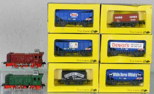 TRIX TRAIN SET: TT ga, 2 locos w/6 English freight cars, orig boxes minor wear, C5-9.