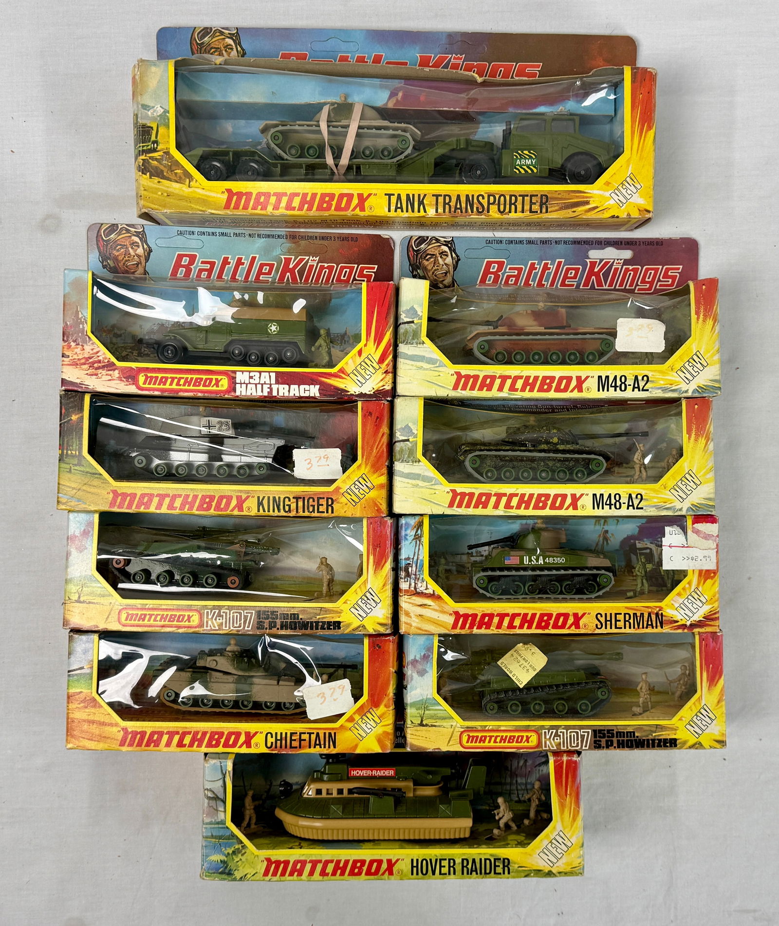 Ten Matchbox BattleKings: K101, 2 different K102, K103, K104, K105 missing plastic window, K106, 2 K107, K108 most have unpunched hanger holes original boxes minor wear C 8â€“9.