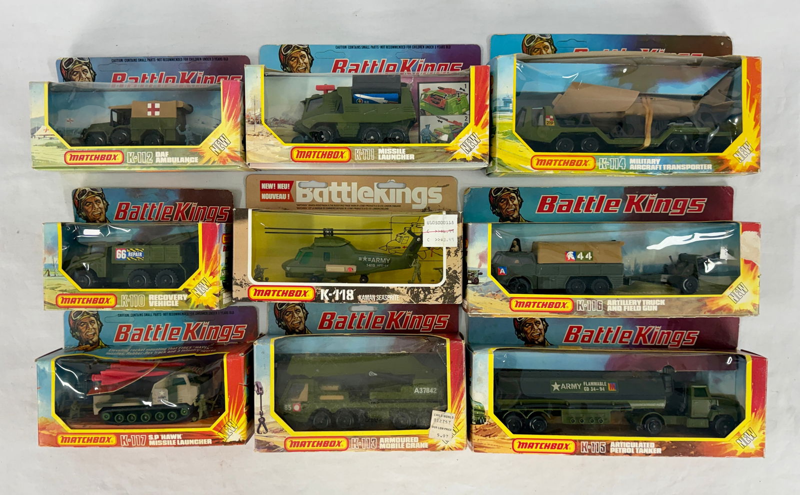 A Collection of Nine Boxed Matchbox Battle Kings Military Vehicles: K110 through K118 original boxes minor wear most hanger holes are unpunched C 8-9.