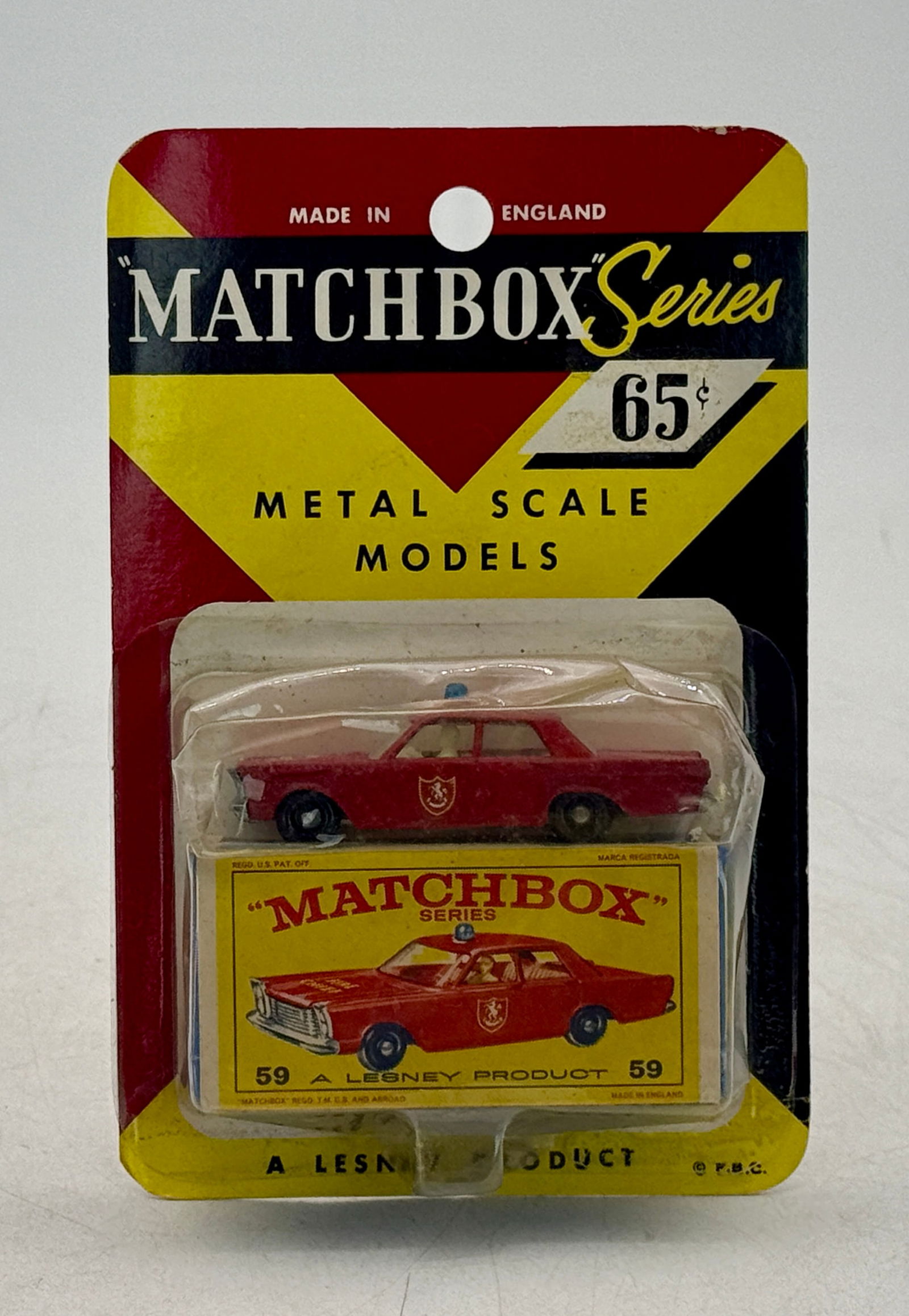 Matchbox 59C1 Ford Galaxie Fire Chief Car Blisterpack: Factory sealed on original card, card blister is worn C 10.