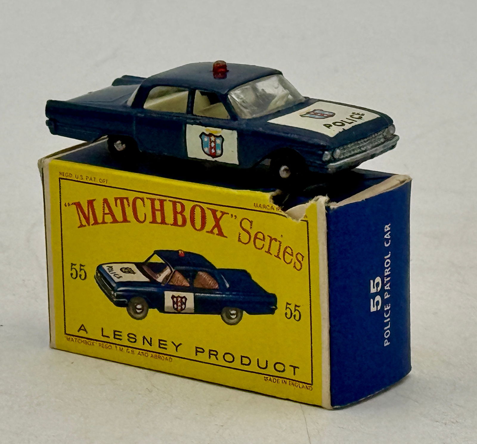 Matchbox 55B1 Ford Fairlane Police Patrol Car with Box: St Code 1 with a D box minor wear, C7-8.