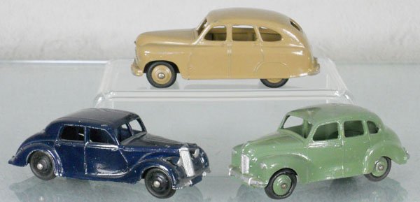 3 DINKY AUTOS: 153 Standard Vanguard, paint splotches on base, 152 Austin Devon, 2 tires worn & flat, 158 Riley, C5-6.