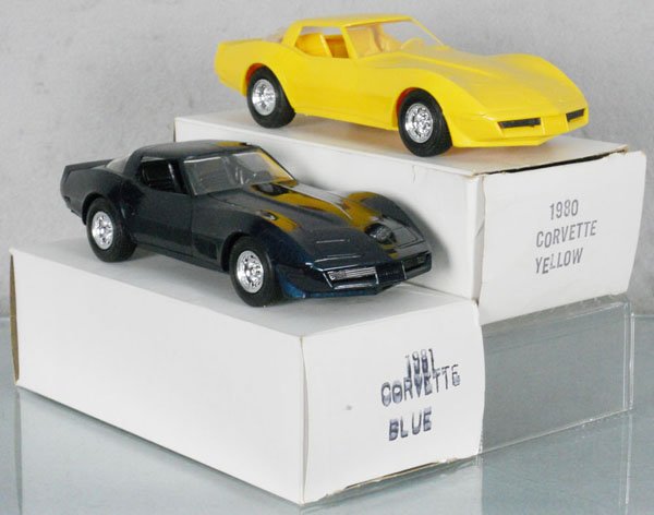 2 MPC CORVETTE PROMOS: 1980 yellow, 1981 blue, orig boxes minor wear, C9.